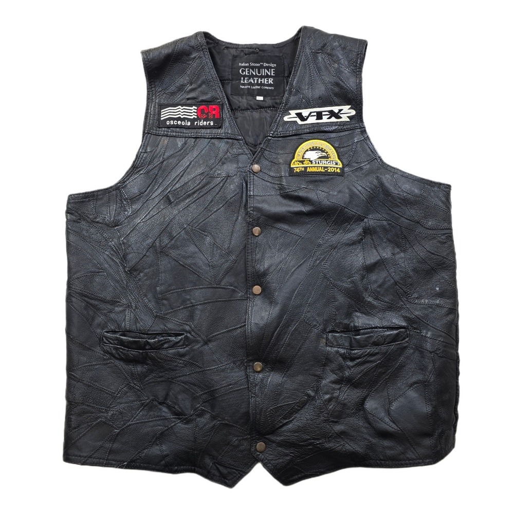 Navarre Leather Biker Vest Mens 3XL‎ Black Patchwork Sturgis Eagle Patches XXXL